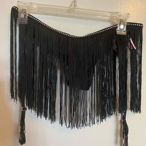 Victoria’s Secret Black Fringe, Rhinestone Garter and Thong size Medium